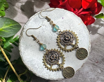 Dangling earrings in retro industrial style, gears, alternative fashion, Victorian style, unique jewelry, retro-futuristic style