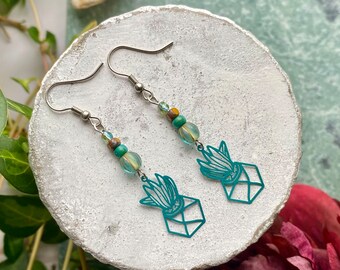 Bohemian earrings, teal succulent pot pendant, boho chic jewelry, gift for woman, stainless steel, gift