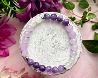 JASMINE bracelet, semi-precious stones of colored jade, amethyst, lepidole and white agate, stainless steel, purple mala bracelet