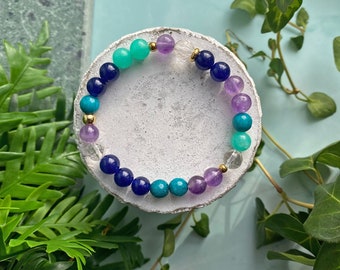 ATHENA bracelet, colored jade stones, amethyst and quartz, turquoise, blue and gold jewelry, semi-precious stones, mala bracelet, colorful