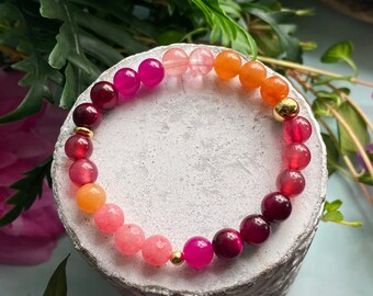 MANAKO bracelet, jade, aventurine, cherry quartz and tiger's eye and gold stainless steel, semi-precious stones, tropical