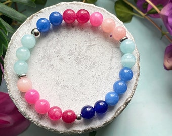 PLUMERIA bracelet, jade and stainless steel, semi-precious stone bracelet, colorful and tropical jewelry, gift, mala bracelet for her