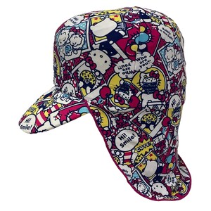 May include: A pink and white baseball cap with a Hello Kitty print. The cap has a flap that can be pulled down to cover the neck and ears. The print features Hello Kitty characters and phrases like "Hi! Smile!" and "Who are you?!".