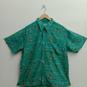 Camisa havaiana vintage da ILHA EQUATORIAL dos anos 90, barco de férias de verão, pescador, surf, onda, praia havaí, design abstrato, kamehameha, (177)