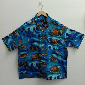 Vintage 90s VAN CORT Hawaiian Shirt, Button Down, flower, leaf, hula girl, panorama, Coconut, Hibiscus,Surfing, wave, nice view, bird (239)
