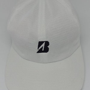 May include: White mesh baseball cap with a black embroidered "B" logo.