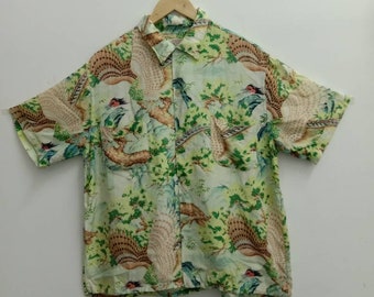 Super Rare Vintage 50s PENNEY'S Hawaiian Shirt, bird motive, Nice view, Flying bird, rayon, made in japan (133)