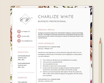 Resume Template Word, Cover Letter Template, Modern Resume, CV Template, Monogram Resume, Floral Resume, Pink Resume, DIY Resume