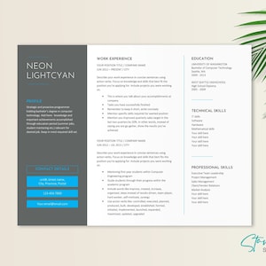 May include: A modern resume template with a dark gray background and light blue accents. The template features a professional profile, work experience, education, technical skills, and professional skills sections. The text "NEON LIGHTCYAN" is displayed in a large font at the top of the page.
