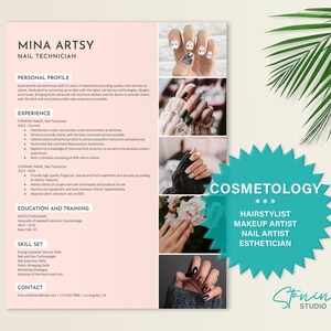 Könnte beinhalten: Ein rosafarbener Lebenslauf mit einem Foto von manikürten Nägeln und dem Text "Mina Artsy Nail Technician". Der Lebenslauf listet Erfahrung, Ausbildung und Fähigkeiten auf. Ein türkisfarbener Kreis mit dem Text "Cosmetology***Hairstylist Makeup Artist Nail Artist Esthetician" und dem Text "Stanin Studio" befindet sich in der unteren rechten Ecke.