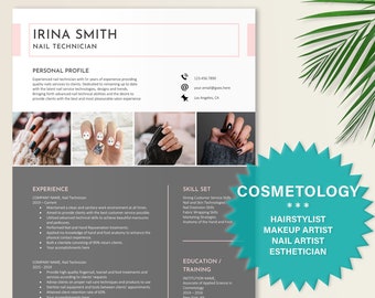 May include: A professional resume template for a nail technician featuring a white header with the name Irina Smith, a personal profile section, four images of manicured hands, and a dark gray section detailing experience, skill sets, and education.