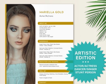 May include: A resume template for an actor or actress. The template features a gold and white color scheme with a headshot of a woman. The text includes the woman's name, Marielia Gold, and her contact information. The resume also includes information about her experience, education, and skills.