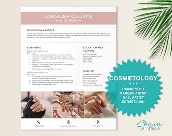 May include: A professional resume template for a nail technician named Carolina Collins, featuring a dusty pink header, sections for experience, education, and skills, and three photographs of manicured hands at the bottom with contact icons.
