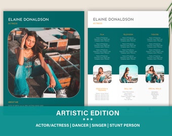 May include: A two-page teal and white actor resume template featuring the name Elaine Donaldson, actress title, headshot placeholders, sections for film, television, and theatre credits, education, skill sets, and special skills in a layout.