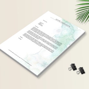 May include: A letterhead template with a watercolor background in shades of blue and green. The text "AZURE DARKGREEN" is at the top of the page. The text "104 & Street, City, State, Zip Code | 123.456.7890 | youremail@email.com" is at the bottom of the page.
