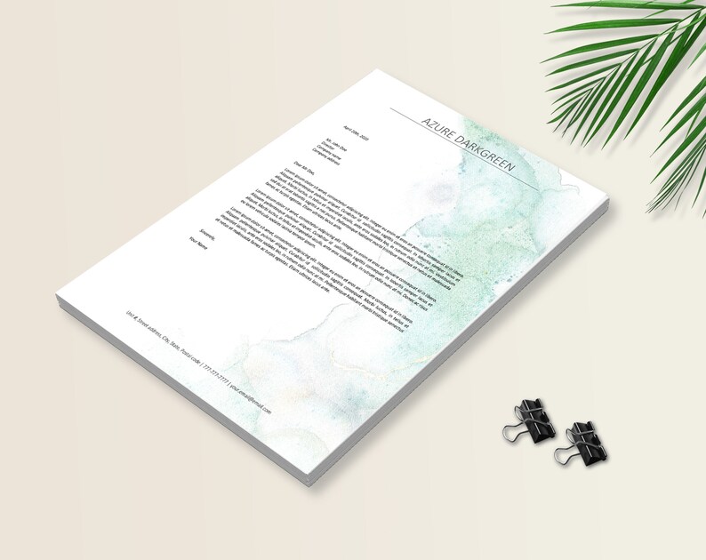 May include: A letterhead template with a watercolor background in shades of blue and green. The text "AZURE DARKGREEN" is at the top of the page. The text "104 & Street, City, State, Zip Code | 123.456.7890 | youremail@email.com" is at the bottom of the page.