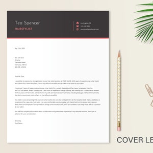 May include: A professional cover letter template featuring a dark header with the name Tea Spencer and the title HAIRSTYLIST in white and pink text. The document includes contact details, a formal letter body, and a signature section.