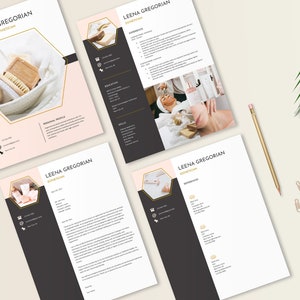 May include: A set of four professional resume and cover letter templates for an esthetician named Leena Gregorian. The documents feature a clean layout with black, white, and soft pink color blocks, gold hexagonal accents, and placeholder text.