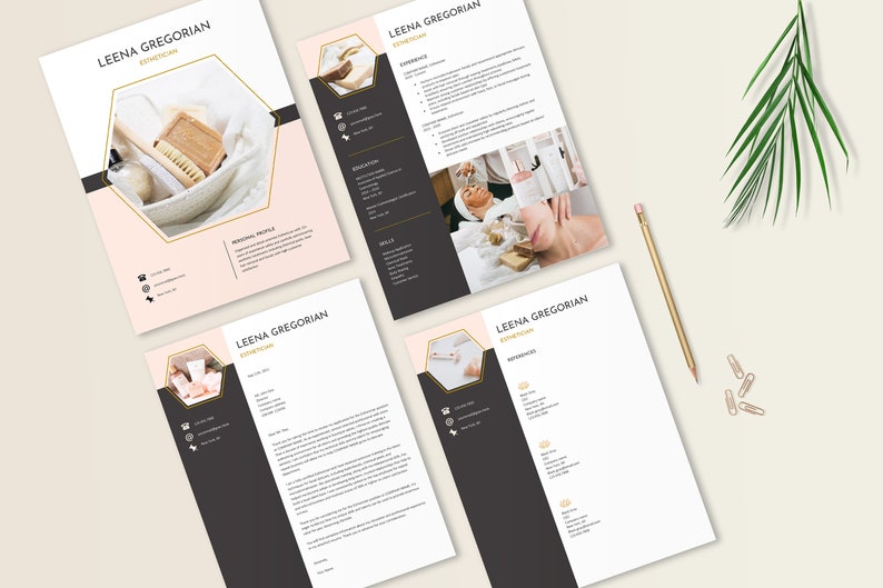 May include: A set of four professional resume and cover letter templates for an esthetician named Leena Gregorian. The documents feature a clean layout with black, white, and soft pink color blocks, gold hexagonal accents, and placeholder text.