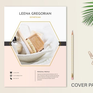 May include: A professional resume cover page template for an esthetician named Leena Gregorian. The document features a white and light pink color scheme with a central hexagonal frame displaying spa items like soap and a brush. Includes contact icons.