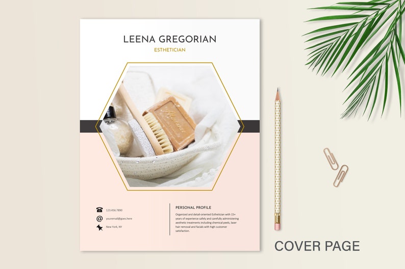 May include: A professional resume cover page template for an esthetician named Leena Gregorian. The document features a white and light pink color scheme with a central hexagonal frame displaying spa items like soap and a brush. Includes contact icons.