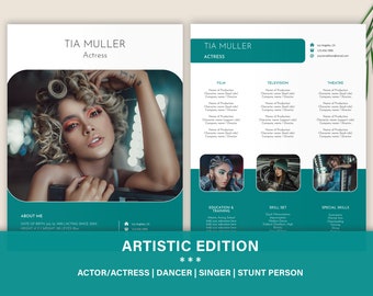 May include: A two-page actor resume template featuring a teal and white color scheme. The left page displays a large portrait of a person with curly hair, while the right page includes sections for film, television, theatre, education, and skills.