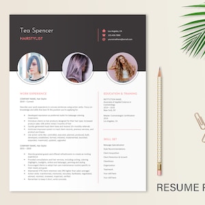 May include: A professional resume template for a hairstylist named Tea Spencer, featuring a dark header with contact details, three circular photo placeholders, and sections for work experience, education, training, and a skill set list.