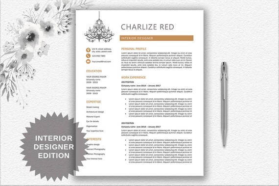 Interior Designer Professional Resume Personalized Design Modern Resume Editable In Word And Printable Template Instant Download