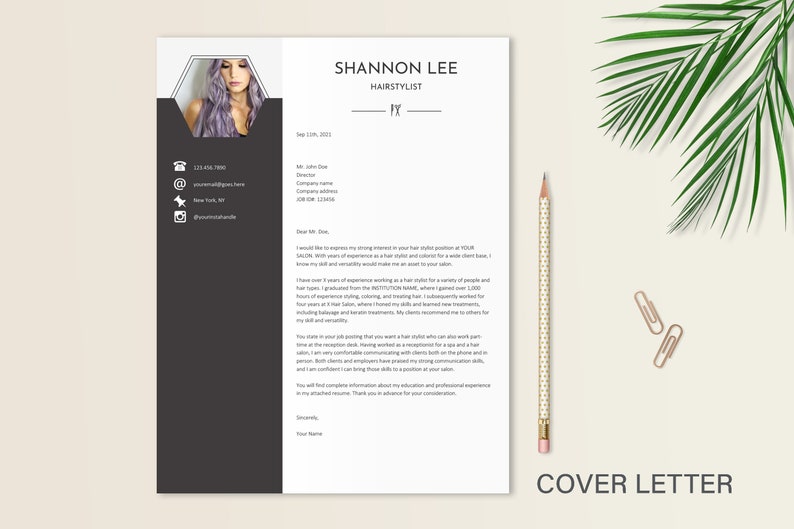 May include: A cover letter for a hairstylist job application. The letter is written in a formal tone and highlights the applicant's experience and skills. The applicant has over 6 years of experience working as a hairstylist and has a strong client base.