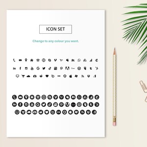 May include: A black and white image of a set of social media icons. The icons are arranged in two rows, with the top row showing the icons in their original form and the bottom row showing the icons in a circle. The text "ICON SET" and "Change to any colour you want." is at the top of the image.