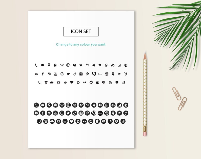 May include: A black and white image of a set of social media icons. The icons are arranged in two rows, with the top row showing the icons in their original form and the bottom row showing the icons in a circle. The text "ICON SET" and "Change to any colour you want." is at the top of the image.