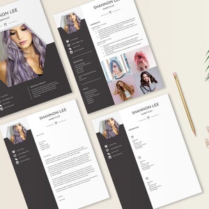May include: Four black and white resume templates with a hexagonal photo frame. The photo frames feature a woman with purple hair. The text "Shannon Lee, Hairstylist" is at the top of each resume.