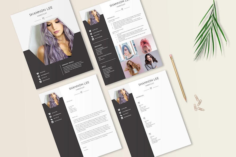 May include: Four black and white resume templates with a hexagonal photo frame. The photo frames feature a woman with purple hair. The text "Shannon Lee, Hairstylist" is at the top of each resume.