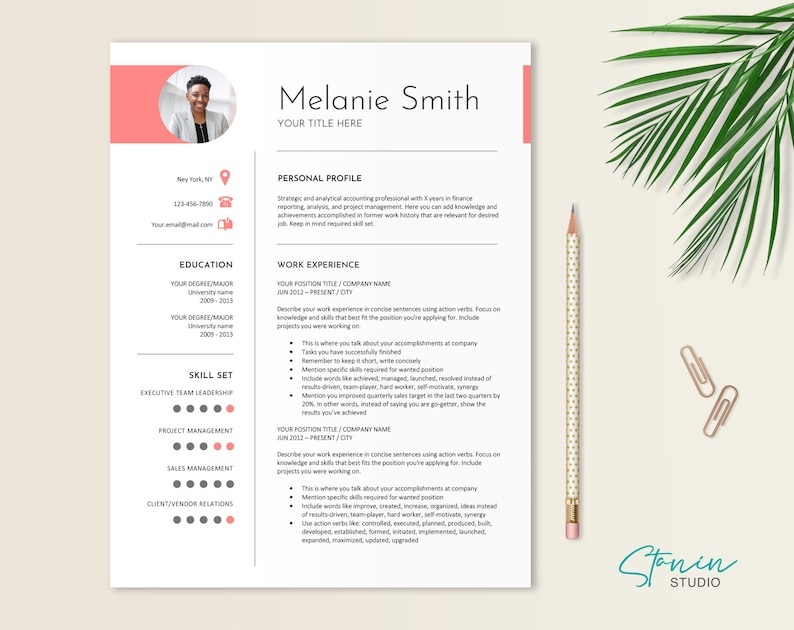 May include: A resume template with a pink accent color. The resume is for Melanie Smith and includes sections for personal profile, education, work experience, and skills. The template has a modern and clean design.