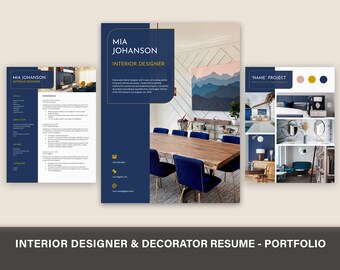 May include: A professional interior designer resume and portfolio template set featuring a dark blue and white color scheme. The documents include text sections for experience, education, and skills, alongside images of a dining room and home interiors.