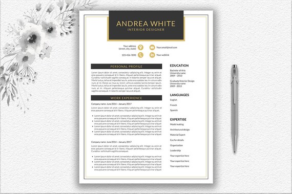 Black And Gold Resume Template Cover Letter Modern Resume Editable In Word Digital Download Printable Resume Cv Template