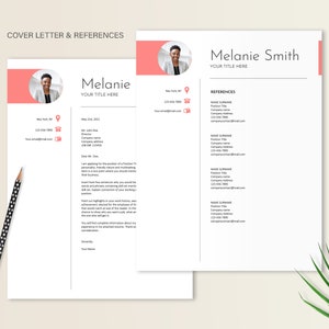 May include: A cover letter and references page with a pink accent color. The page includes a headshot of a woman, contact information, and a sample cover letter. The references section lists the name, title, company, and contact information for four references.