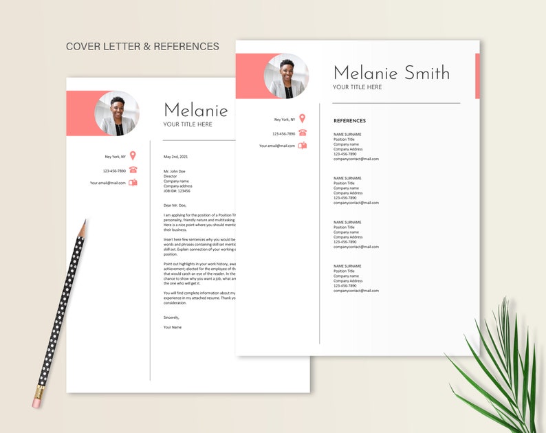 May include: A cover letter and references page with a pink accent color. The page includes a headshot of a woman, contact information, and a sample cover letter. The references section lists the name, title, company, and contact information for four references.