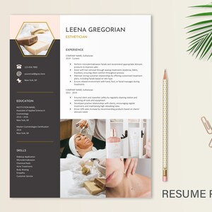 May include: A professional resume template for an esthetician named Leena Gregorian, featuring a dark gray sidebar, a hexagonal photo frame, contact icons, and sections for experience, education, and skills, alongside two small photos of skincare.