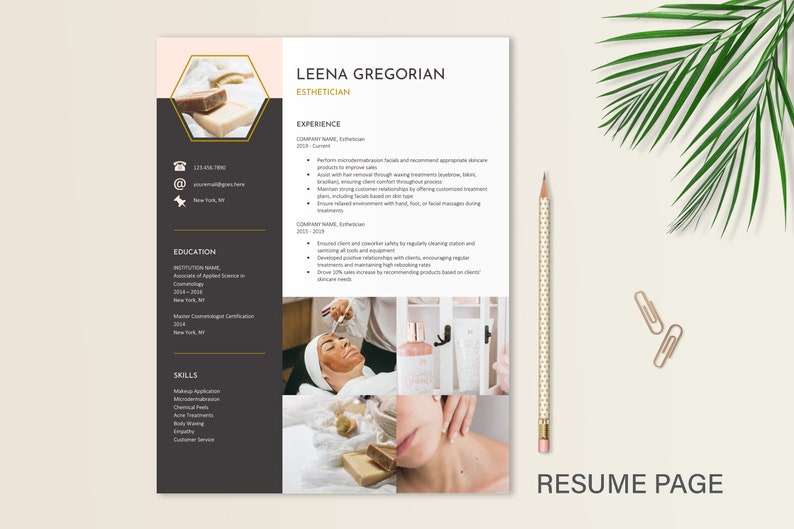May include: A professional resume template for an esthetician named Leena Gregorian, featuring a dark gray sidebar, a hexagonal photo frame, contact icons, and sections for experience, education, and skills, alongside two small photos of skincare.