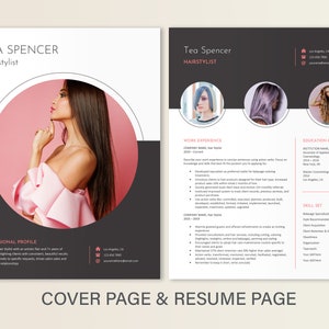 May include: A two-page resume template featuring a cover page with a large circular photo of a person with long dark hair wearing a pink ruffled top, and a second page with sections for work experience, education, and skills in black and white.