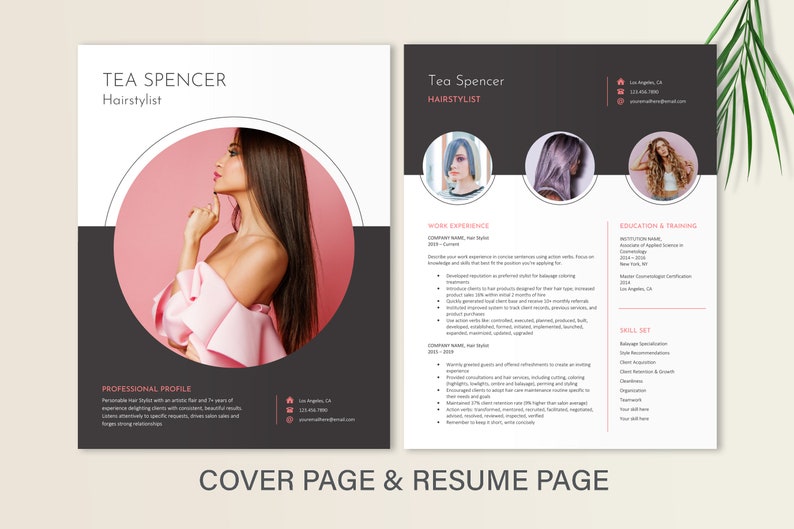 May include: A two-page resume template featuring a cover page with a large circular photo of a person with long dark hair wearing a pink ruffled top, and a second page with sections for work experience, education, and skills in black and white.