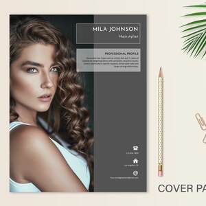 May include: A black and white cover page for a hairstylist's resume. The cover page features a professional headshot of a woman with long, curly brown hair. The text "MILA JOHNSON Hairstylist" is at the top of the page. The text "PROFESSIONAL PROFILE" is below the headshot. The contact information is at the bottom of the page.