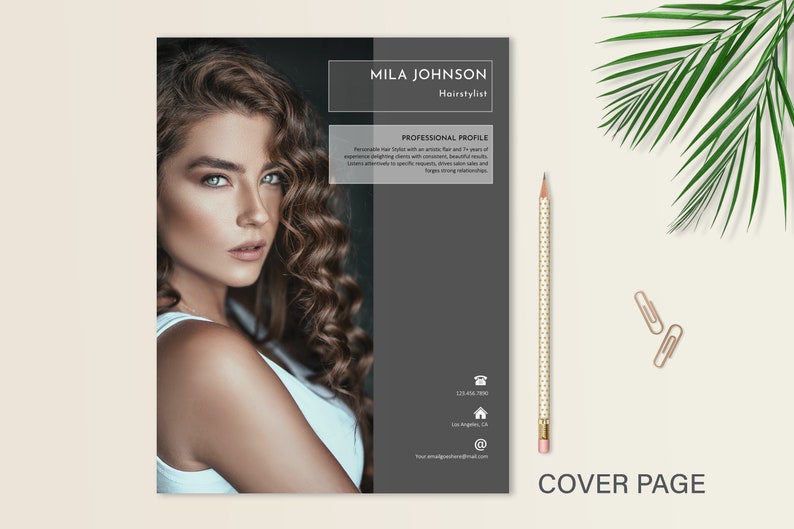 May include: A black and white cover page for a hairstylist's resume. The cover page features a professional headshot of a woman with long, curly brown hair. The text "MILA JOHNSON Hairstylist" is at the top of the page. The text "PROFESSIONAL PROFILE" is below the headshot. The contact information is at the bottom of the page.