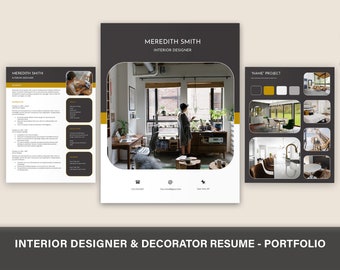 May include: A professional interior designer resume and portfolio template set featuring a dark gray and white color scheme with mustard yellow accents. The documents include text sections for Meredith Smith, project photos, and contact information icons.