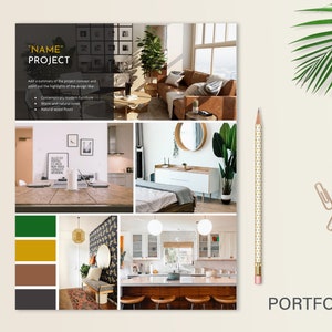 May include: A portfolio page for an interior design project featuring a collage of images of a living room, dining room, kitchen, and bedroom. The images are arranged in a grid pattern and include a colour palette of green, yellow, brown, and black.