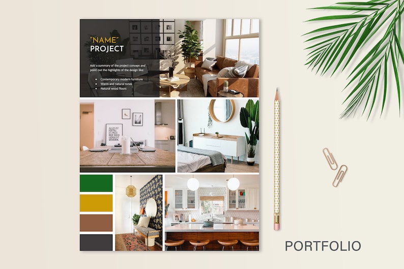 May include: A portfolio page for an interior design project featuring a collage of images of a living room, dining room, kitchen, and bedroom. The images are arranged in a grid pattern and include a colour palette of green, yellow, brown, and black.
