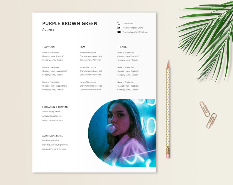 Actress Creative Personalized Resume Actor Resume Template With Photo Modern Resume Word Template Writing Tips Instant Download