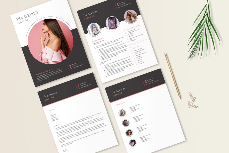 May include: A set of four professional resume and cover letter templates for a hairstylist named Tea Spencer. The documents feature a dark gray and white color scheme with pink accents, including circular photo placeholders and text sections.