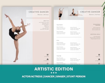 May include: A resume template designed for dancers and actors. The template features a split design with a photo of a dancer on the left and a resume section on the right. The resume section includes headings for "About Me", "Television", "Film", "Theatre", "Education & Training", and "Additional Skills". The template is titled "Artistic Edition" and includes the text "Actor/Actress | Dancer | Singer | Stunt Person".